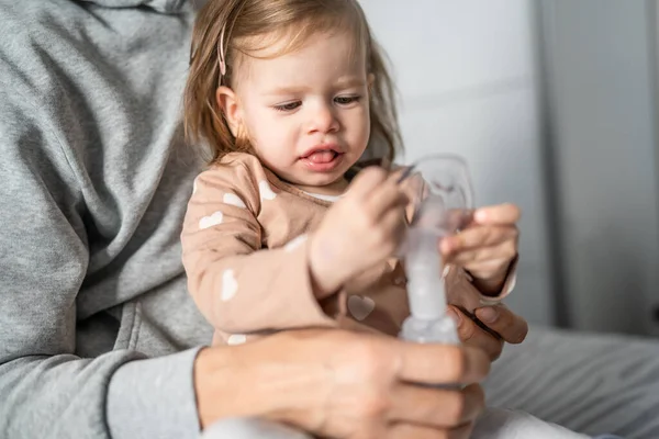 One Toddler Using Nebulizer Home Small Girl Child Using Vapor — Stock Photo, Image