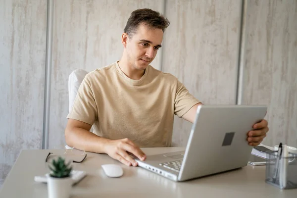 One Caucasian Man Sitting Office Work Working Laptop Computer Day — Fotografia de Stock