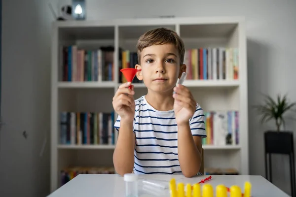One Preschool Boy Sitting Table Home Represent Science Experiments His — Stock Photo, Image
