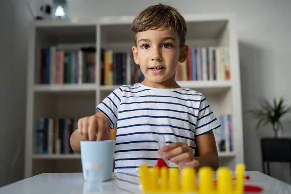 One Preschool Boy Playing Home Sitting Table Science Experiments Looking — Stock Photo, Image
