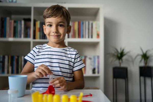 One Preschool Boy Playing Home Sitting Table Science Experiment Toys — Stock Photo, Image