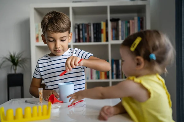 Two Kids Playing Toys Home One Boy Preschooler His Little — Stock Photo, Image