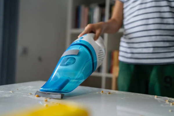 One Preschooler Boy Cleaning Mess Table Hand Vacuum Cleaner Playing — Stock Photo, Image