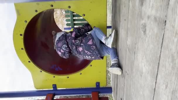 1人の女の子幼児2歳公園で遊んでいる冬や秋の日だけで遊び場でチューブでクロールUgcユーザーが生成されたコンテンツ垂直ビデオ現実の人々 — ストック動画