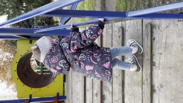 Flicka Småbarn Två Spelar Parken Klättring Reglaget Lekplatsen Ensam Vintern — Stockvideo
