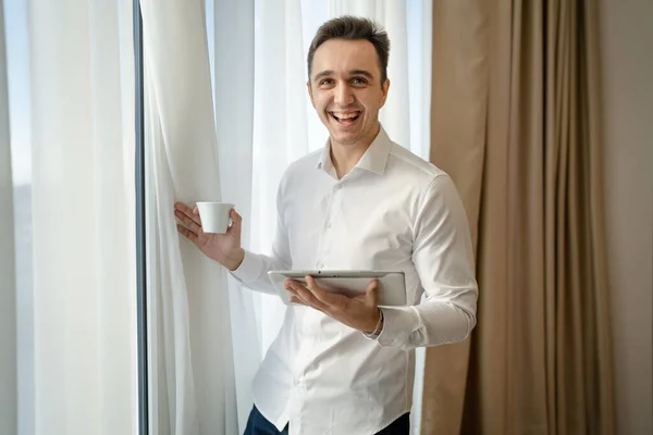 One Man Adult Caucasian Male Standing Window Home Office Hotel — Stockfoto
