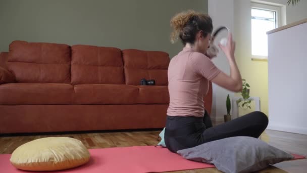 Adult Caucasian Woman Practice Restorative Yoga Floor Home Use Pillows — Stok video