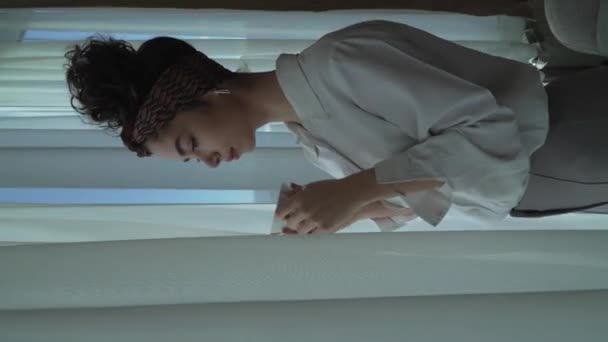 One Woman Happy Caucasian Female Standing Window Home Hotel Room — Stok video