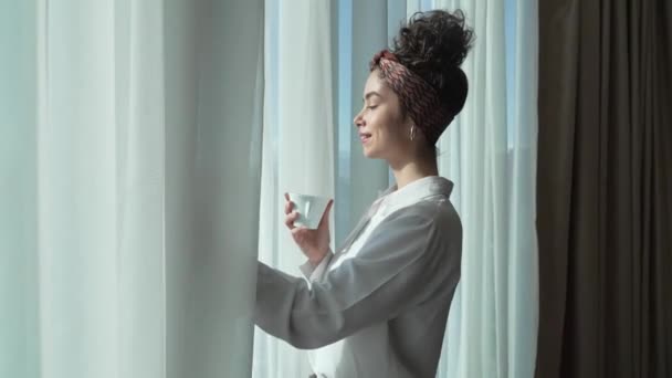 One Woman Happy Caucasian Female Standing Window Home Hotel Room — Vídeo de Stock