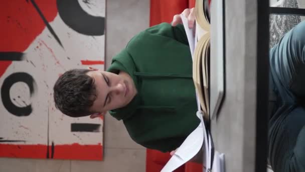 One Young Man Caucasian Teenager Student Learning Study Reading Book — Video