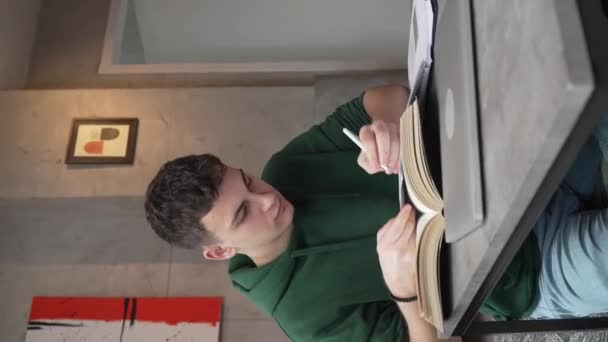 One Young Man Caucasian Teenager Student Learning Study Reading Book — Αρχείο Βίντεο