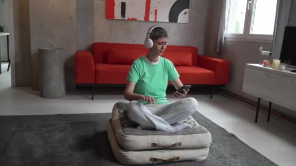 Senior Woman Doing Guided Meditation Yoga Self Care Practice Home — Video Stock