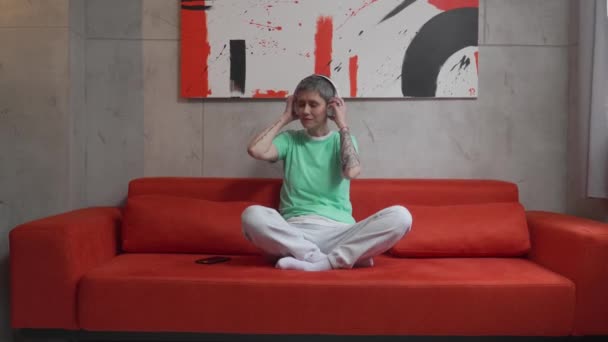 Senior Woman Doing Guided Meditation Yoga Self Care Practice Home — Vídeo de stock