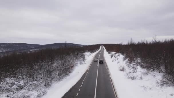 Autofahrt Schnee Wintertag Auf Der Straße Mit Schnee Luftbild — Stockvideo