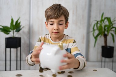 Small caucasian boy six years old count money from piggy bank savings
