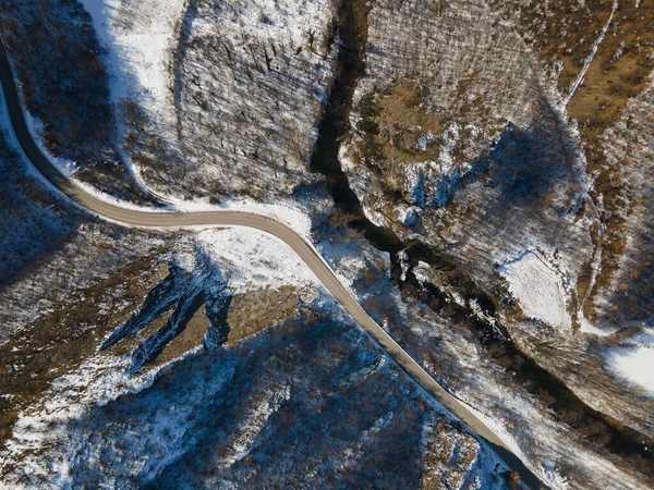 Aerial Drone View Road Trough Hill Mountain Winter Day Covered — Stockfoto