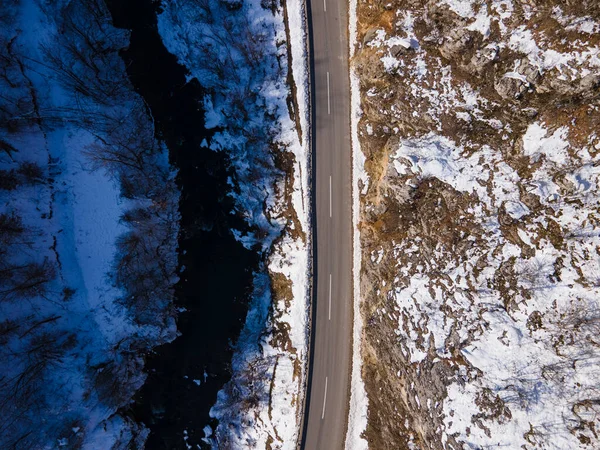Aerial Drone View Road Trough Hill Mountain Winter Day Covered — Stockfoto