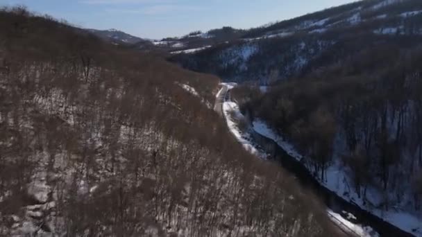 Car Drive Snow Winter Day Road Mountain Range Aerial View — 비디오
