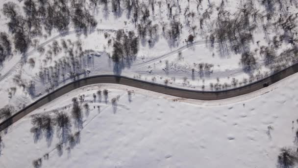 Conducción Coche Nieve Día Invierno Carretera Cordillera Vista Aérea Vieja — Vídeos de Stock