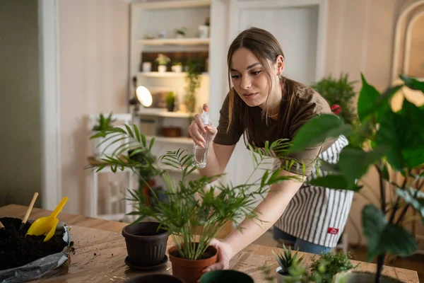 One Young Woman Caucasian Female Gardener Florist Take Care Cultivate — Photo