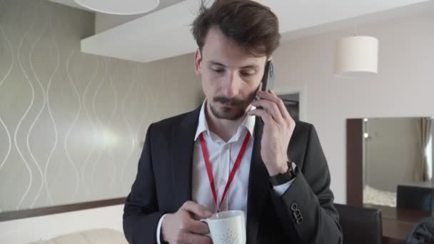 One Man Adult Caucasian Businessman Wear Suit Hotel Room While — Vídeo de stock