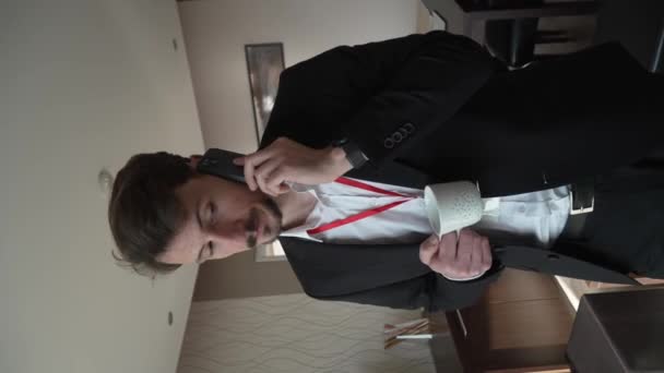 One Man Adult Caucasian Businessman Wear Suit Hotel Room While — Vídeos de Stock