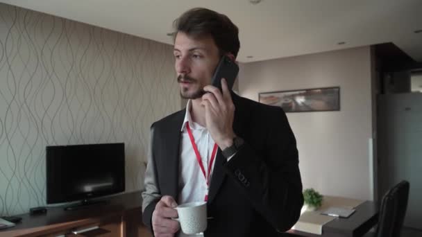 One Man Adult Caucasian Businessman Wear Suit Hotel Room While — ストック動画