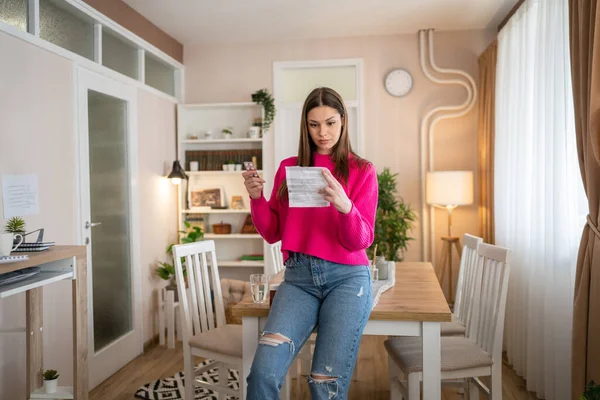 One Young Woman Read Medical Prescription Hold Medicine Drugs Home — Stockfoto