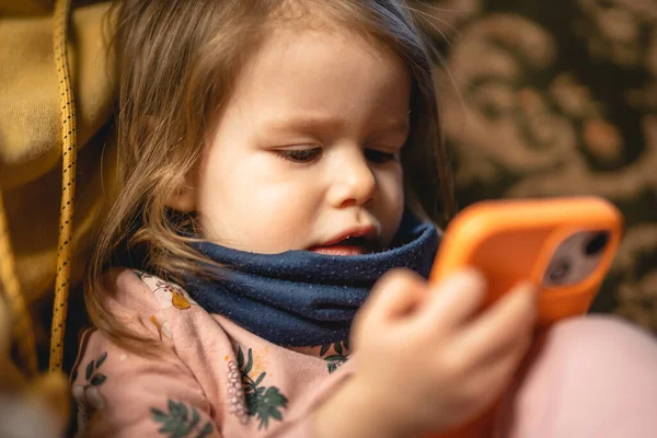 One Girl Small Caucasian Toddler Child Use Mobile Smart Phone — Foto de Stock
