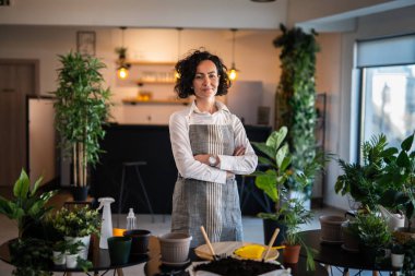 One mature woman caucasian female gardener or florist take care and cultivate domestic flowers plants at home gardening concept copy space