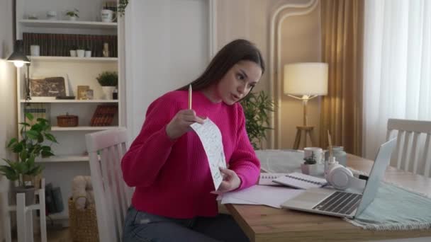 One Caucasian Woman Study Home Read Prepare Exam Real People — Videoclip de stoc