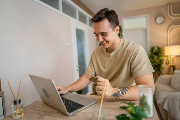 One Man Adult Caucasian Male Sit Home Happy Smile Laptop — Zdjęcie stockowe