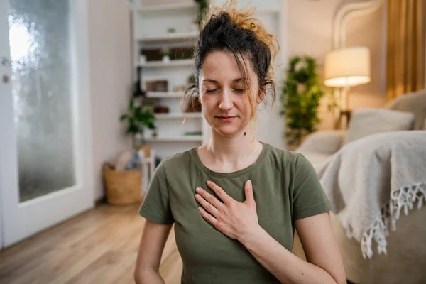 One Woman Adult Caucasian Female Millennial Practice Meditation Mindfulness Yoga — ストック写真