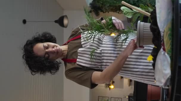 One Mature Woman Caucasian Female Gardener Florist Take Care Cultivate — стоковое видео