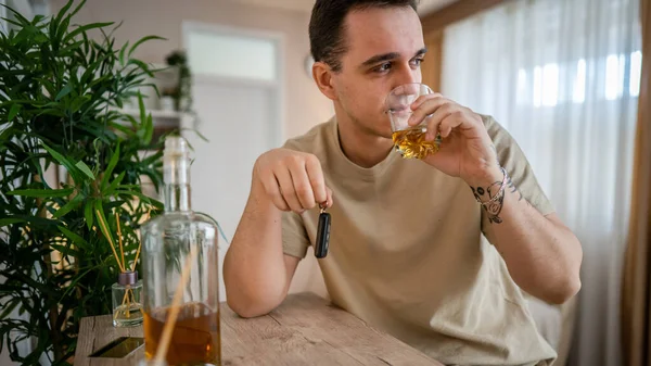 One Man Sit Home Bottle Liquor Drink Whiskey Drunk Alcoholic — ストック写真