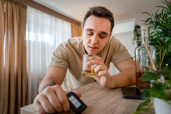 One Man Sit Home Bottle Liquor Drink Whiskey Drunk Alcoholic — Foto Stock