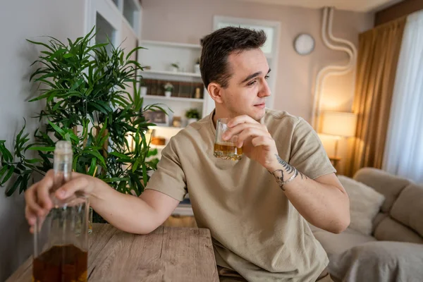 One Man Sit Home Bottle Liquor Drink Whiskey Drunk Alcoholic — Foto Stock