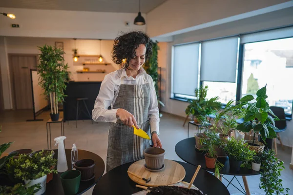 One Mature Woman Caucasian Female Gardener Florist Take Care Cultivate — Photo