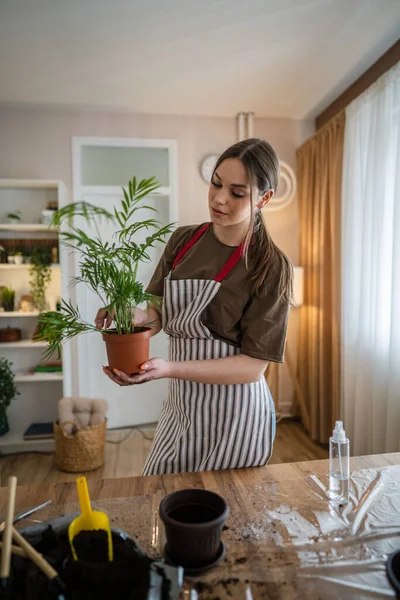 Une Femme Jeune Caucasien Femelle Stand Maison Tenir Fleurs Plantes — Photo