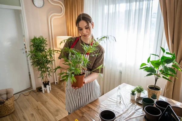 Een Jonge Vrouw Kaukasische Vrouwelijke Tuinman Bloemist Zorg Dragen Cultiveren — Stockfoto