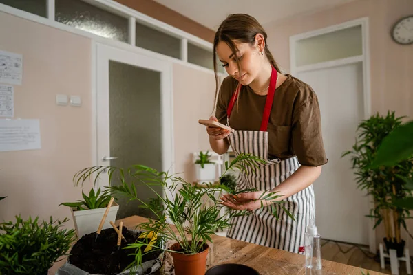 Uma Mulher Jovem Geração Adulto Caucasiano Feminino Cuidar Suas Plantas — Fotografia de Stock