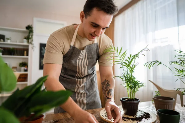 1人の大人の男白人男性庭師または花屋は世話をし 家庭菜園の概念コピースペースで国内の花の植物を栽培する — ストック写真