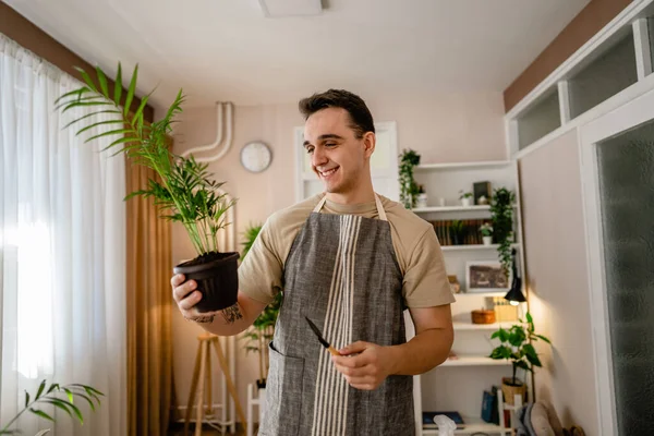 One Adult Man Caucasian Male Gardener Florist Take Care Cultivate — Stock Photo, Image
