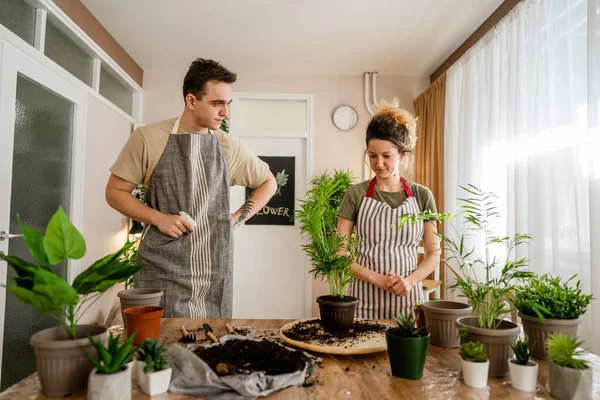 Couple Caucasian Man Woman Wife Husband Planting Flowers Together Taking — Stockfoto