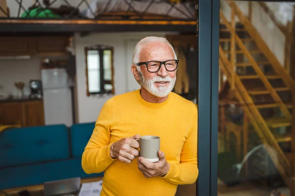 One Man Senior Caucasian Male Beard Eyeglasses Stand Balcony Door — Stock Photo, Image