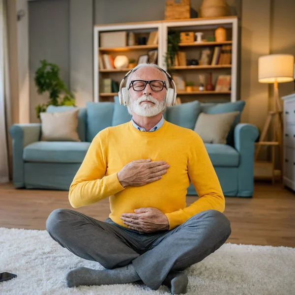 Hombre Adulto Mayor Caucásico Masculino Usando Auriculares Para Meditación Guiada —  Fotos de Stock