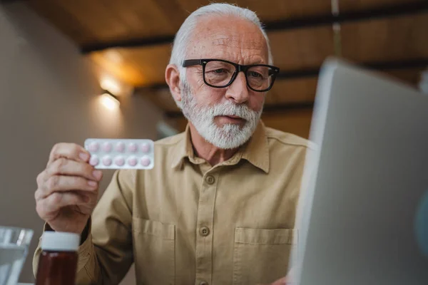 One Senior Man Caucasian Male Grandfather Sit Home Hold Blister — Stock Photo, Image