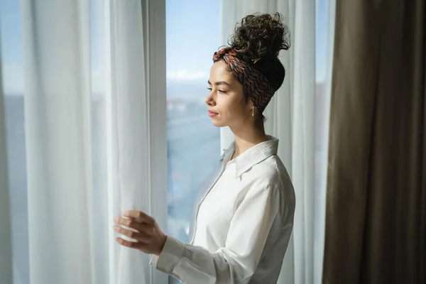 One Woman Beautiful Caucasian Female Standing Window Home Hotel Room — 图库照片