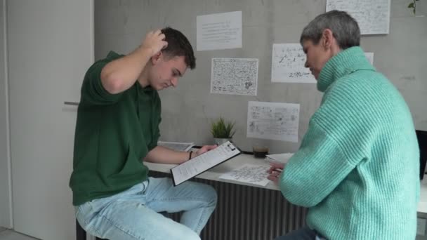 One Student Teenage Caucasian Man Study Learn Help His Tutor — ストック動画