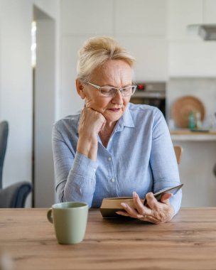 Yetişkin, yaşlı, Kafkasyalı, emekli, modern büyükanne evde kitap okuyor. Gözlük takıyor, gerçek yaşlılar mekanı kopyalıyor.